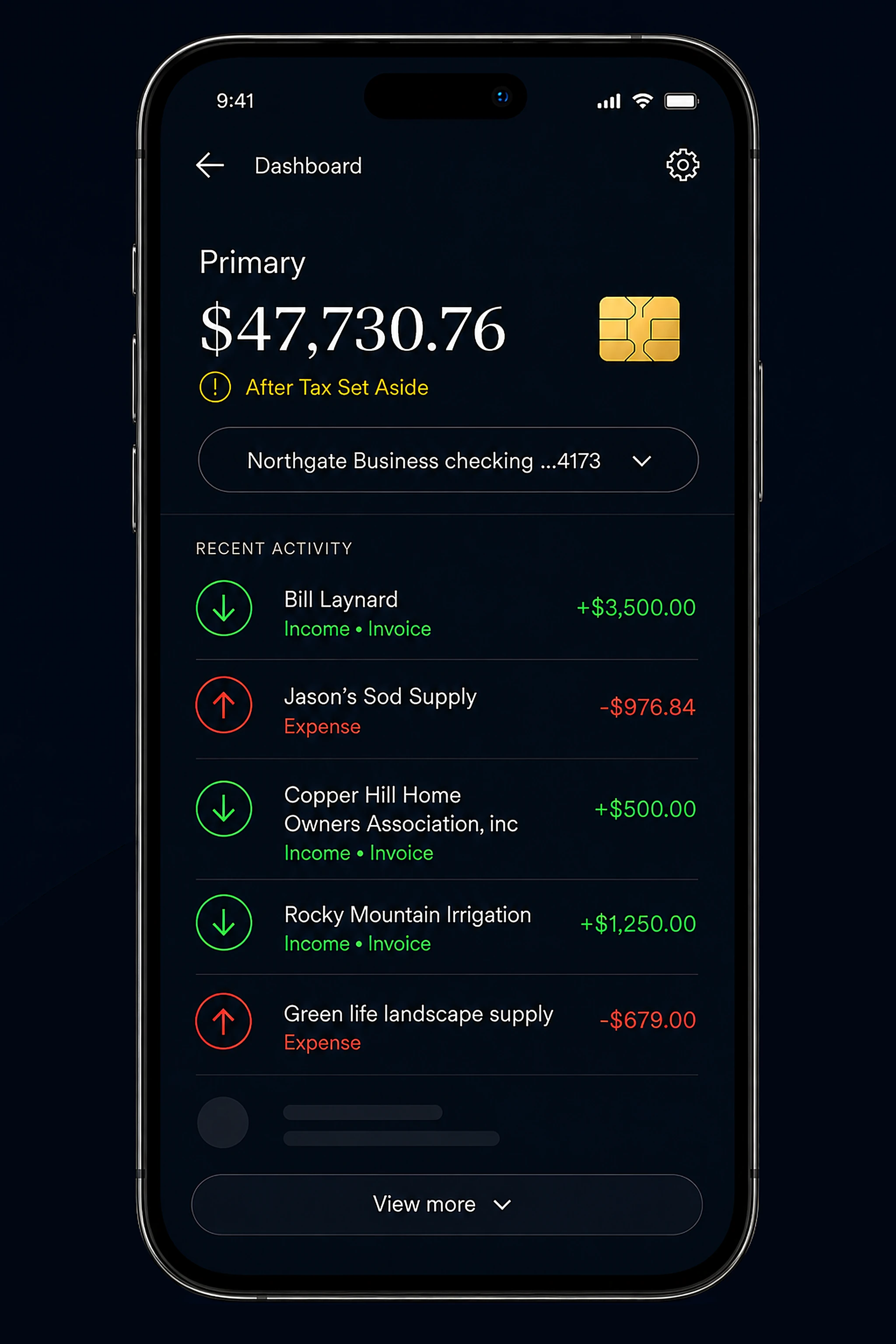 Apogee dashboard on a phone, showing a $47,730.76 primary balance, a tax set-aside alert, and recent transactions automatically categorized by client