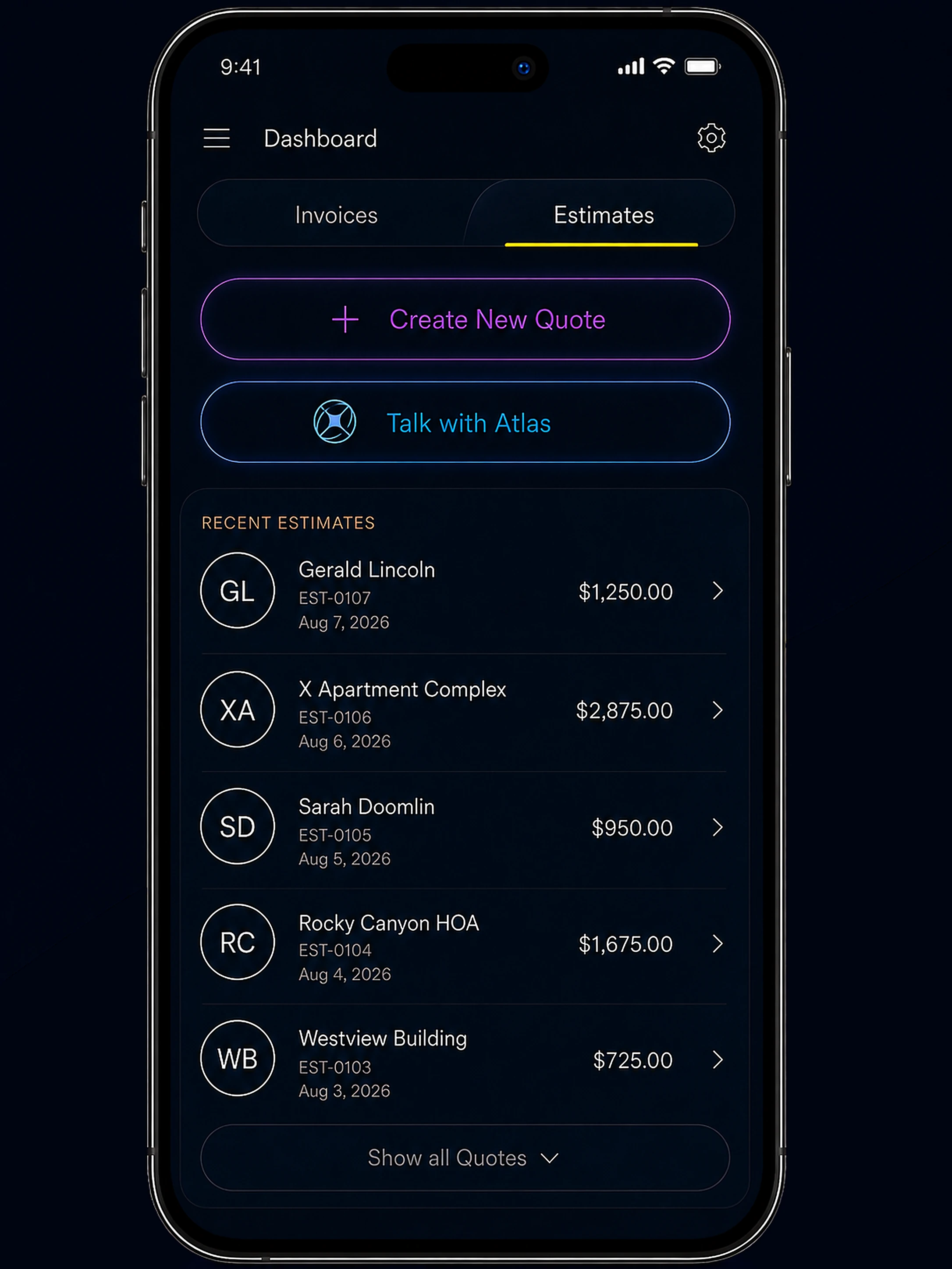 Apogee estimates dashboard on a phone, showing a Create New Quote button and a list of recent estimates