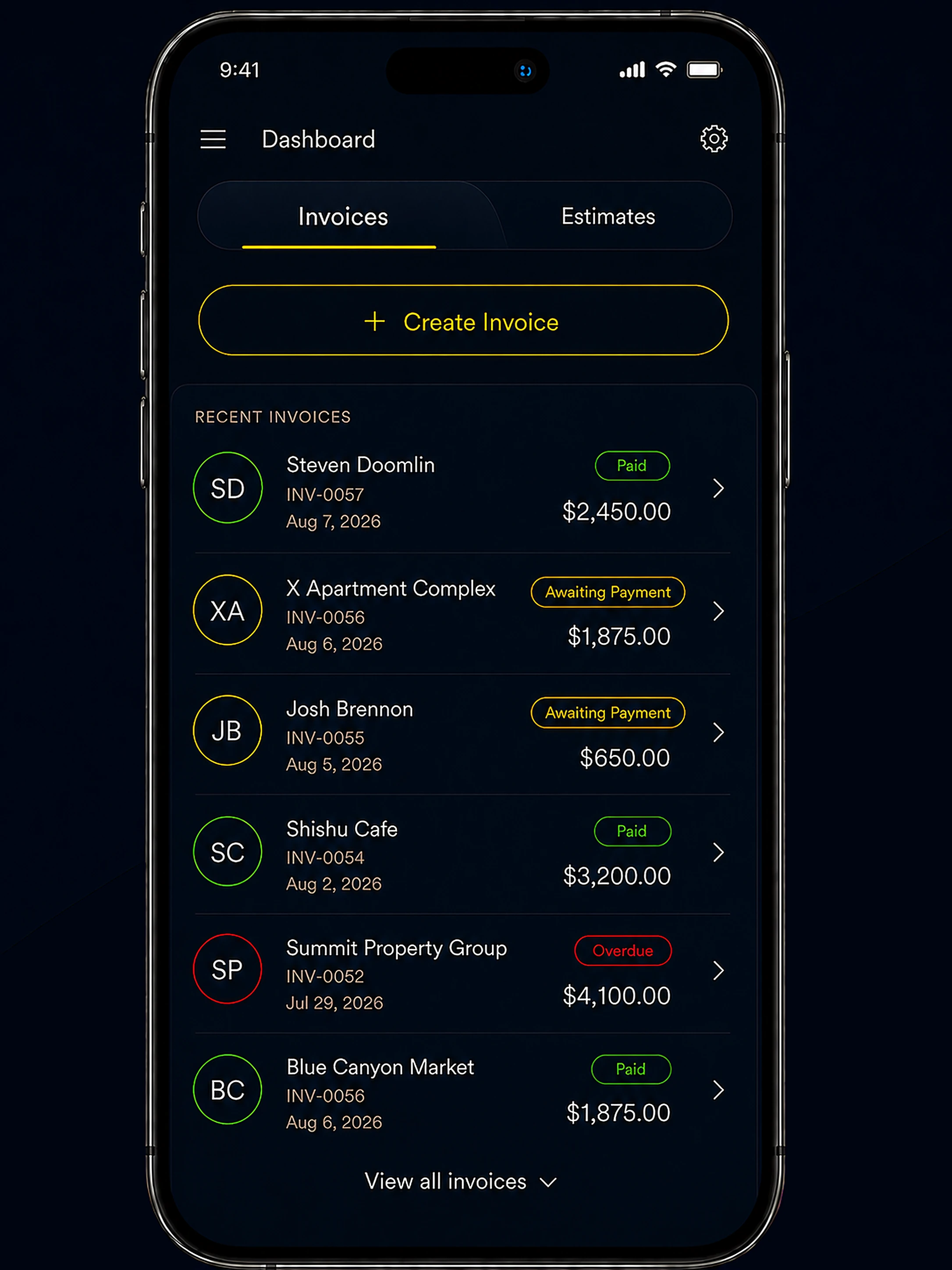 Apogee invoices dashboard on a phone, showing recent invoices with paid, awaiting payment, and overdue statuses, and a Create Invoice button
