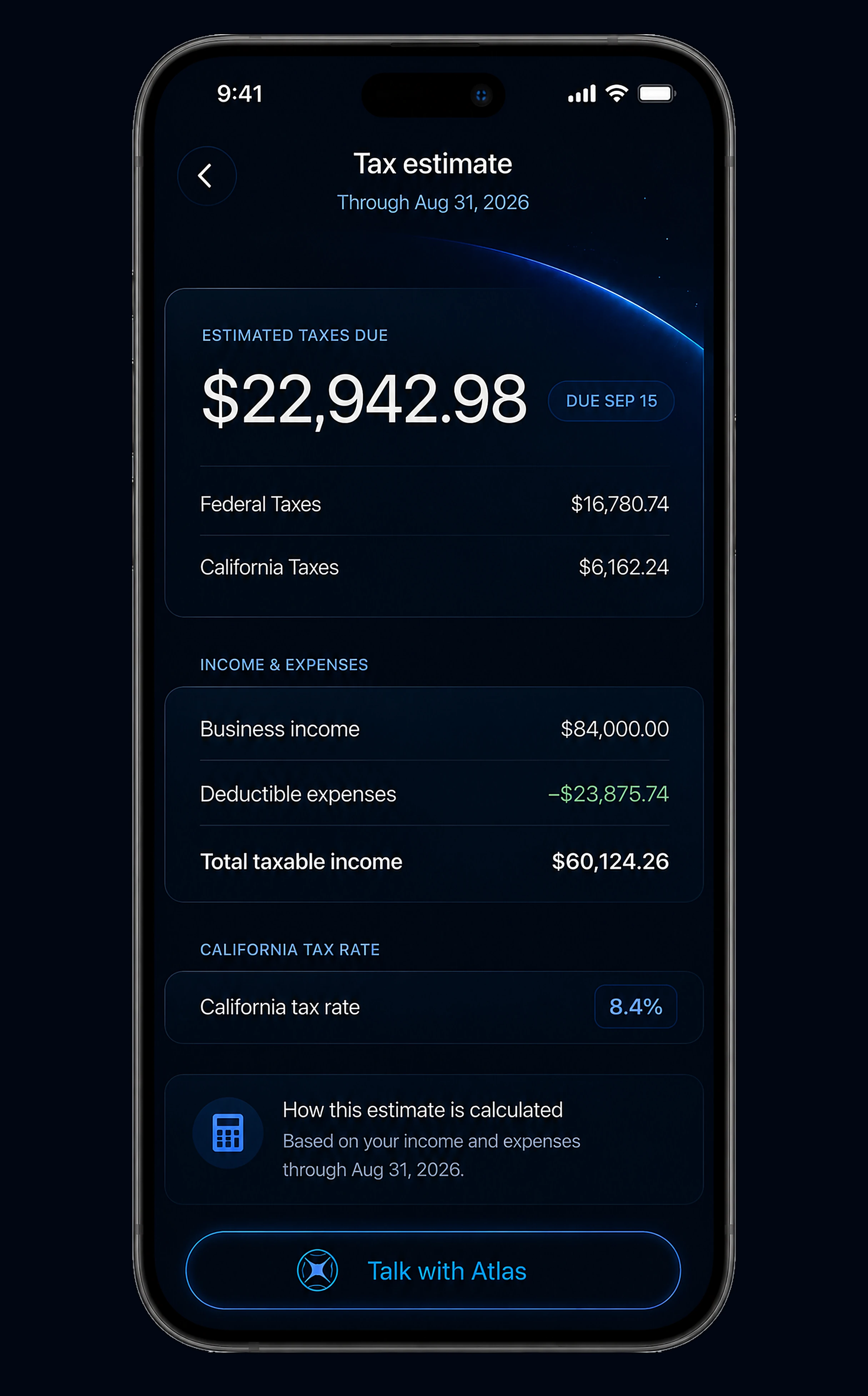Apogee tax estimate on a phone, showing $22,942.98 in estimated taxes due, a federal and California breakdown, income and expenses, and the California tax rate