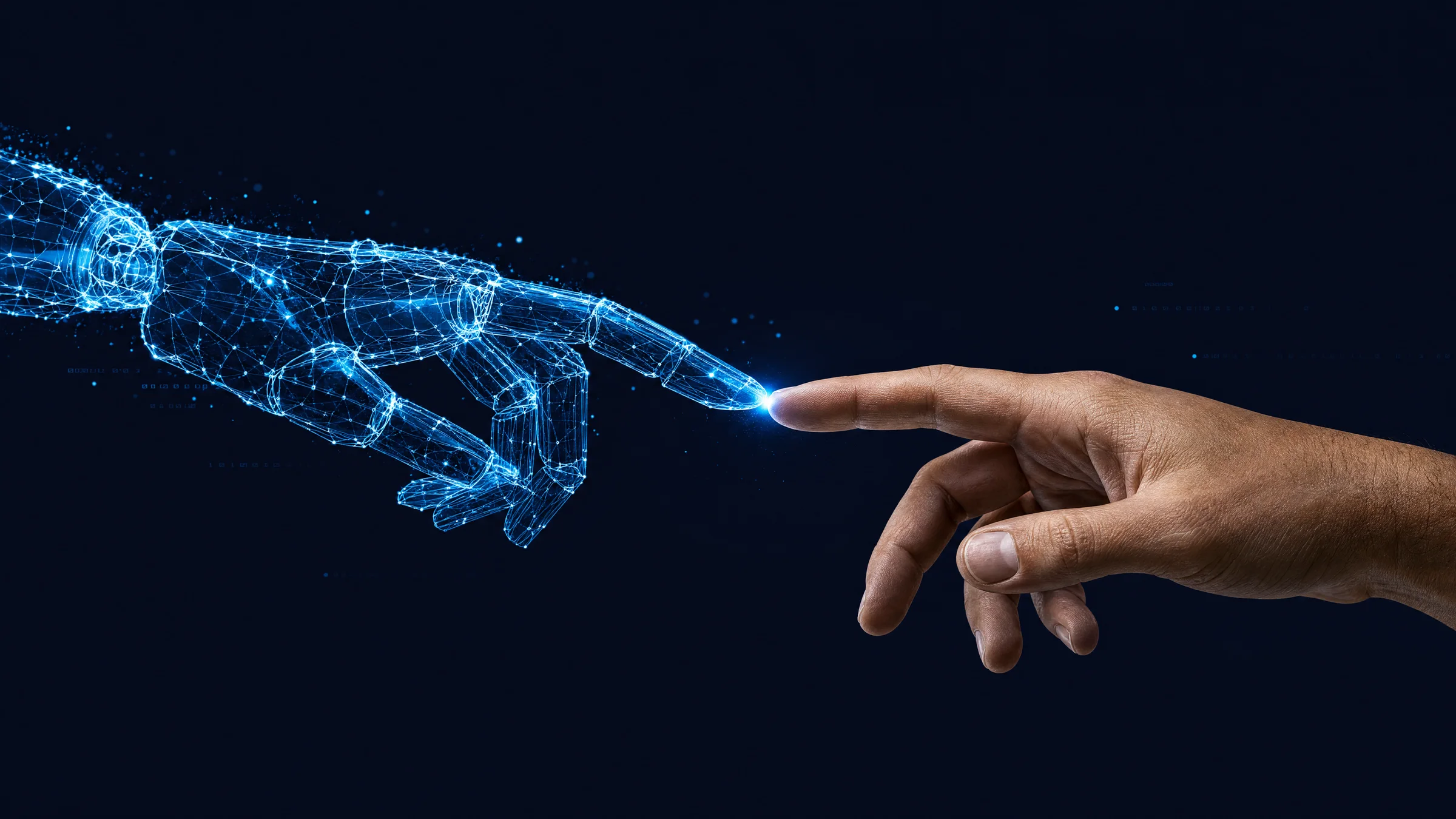 A human hand reaching toward a glowing digital hand, fingertips almost touching